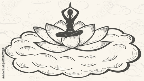 Silhouette of a woman in a yoga pose sitting on a lotus flower above a cloudscape in a serene scene