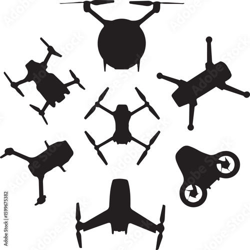 Various drone silhouettes quadcopter aerial vehicle