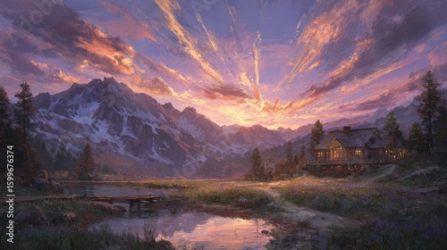 Colorful Mountain Sunset Over Meadow Cabin