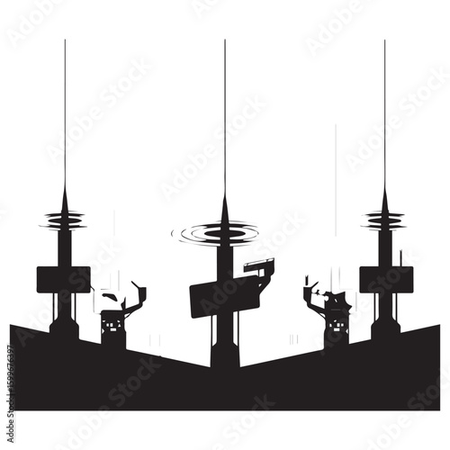 Silhouette of three industrial electrical pylons with insulators standing tall against a bright white sky