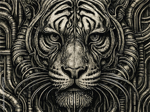 Tigger lines art carbon painting for decorate new products. wildlife, biological, draw, dangerous, natural, elegant, terrifying, arrogant, cat, animal, feline, art, beauty, fashion .