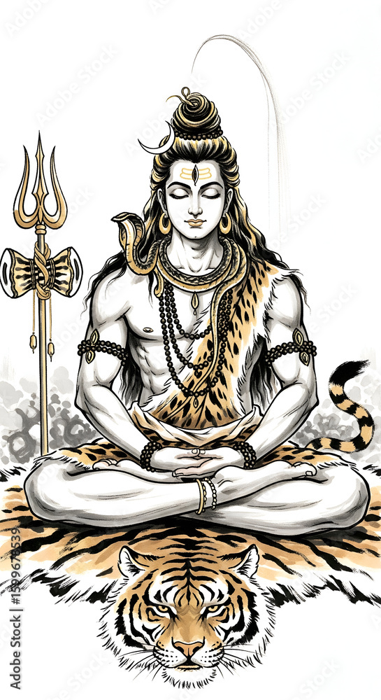 Fototapeta premium A serene depiction of Lord Shiva in meditation, adorned with a crescent moon, a snake, and a Trishula, radiating divine tranquility.