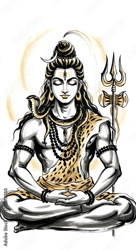 Fototapeta premium A serene depiction of Lord Shiva in meditation, adorned with a crescent moon, a snake, and a Trishula, radiating divine tranquility.
