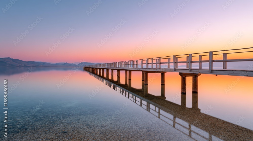 Obraz premium golden hour nature landscape wooden bridge photo Serene sunset over a calm lake with a long wooden pier extending into the water.