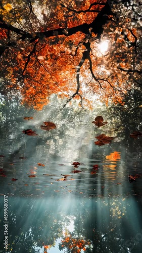 An image of autumn leaves floating in the water