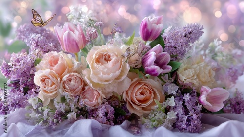 A lovely bouquet of roses, tulips, and lilacs.