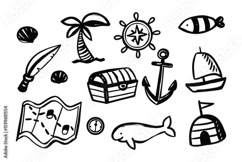 Treasure Map and Marine Elements: A hand-drawn illustration of nautical elements. featuring a detailed treasure map, an anchor, shells, a sailboat, a compass, and more.