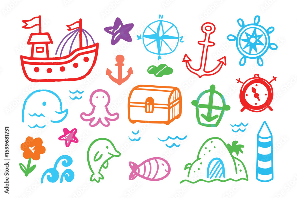 Naklejka premium Nautical Illustrations: A colorful array of hand-drawn nautical elements, perfect for adding a touch of adventure and whimsy to your designs.
