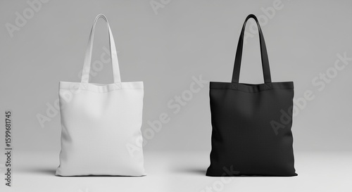 Plain white and black tote bags displayed side by side on a neutral background, ideal for mockups