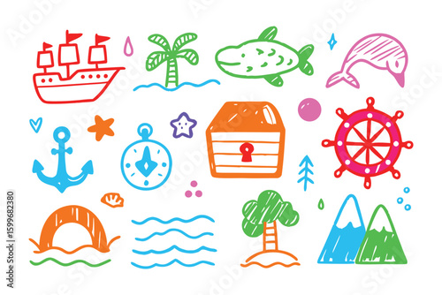 Hand-drawn Nautical Elements: Playful hand-drawn illustrations capture the essence of maritime life, featuring a ship, palm tree, fish, dolphin, anchor, compass, treasure chest, helm, bridge, waves.