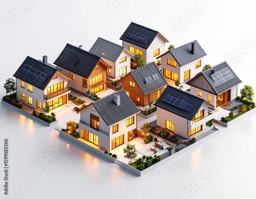 Sustainable suburban homes showcasing solar panel technology