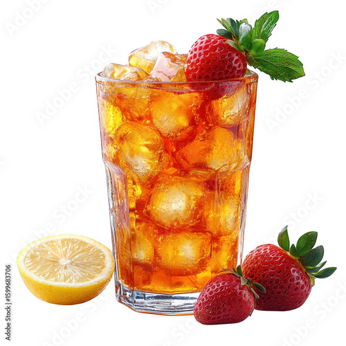 Refreshing iced tea beverage in a tall glass with ice cubes garnished with fresh strawberries and a sprig of mint served with a lemon slice isolated on transparent background