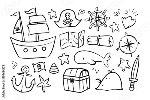 Adventure's Bounty: A whimsical assortment of pirate-themed doodles, ready for an exciting journey and the treasure of the deep sea 