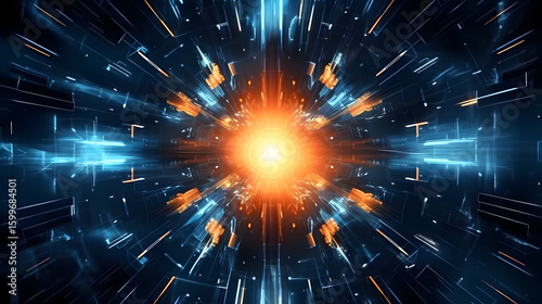 Abstract Technology Background with Glowing Energy Core and Geometric Patterns