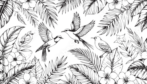 Jungle Serenade: Hand-Drawn Birds Amidst Lush Foliage