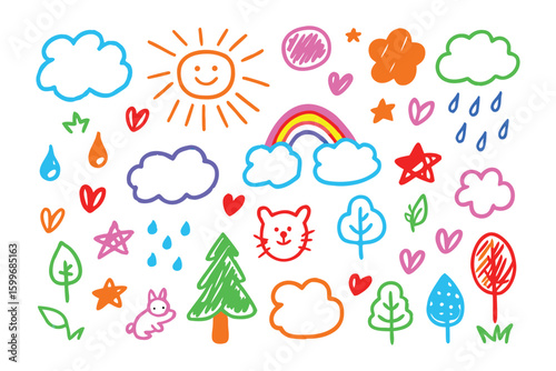 Vibrant Doodle Elements: A colorful assortment of hand-drawn elements, evoking joy and creativity. From cheerful sunshine and fluffy clouds to vibrant rainbows and playful stars.