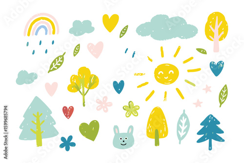 Joyful weather illustration : A collection of bright and cheerful illustration, showcasing a whimsical and colorful depiction of the elements of nature.