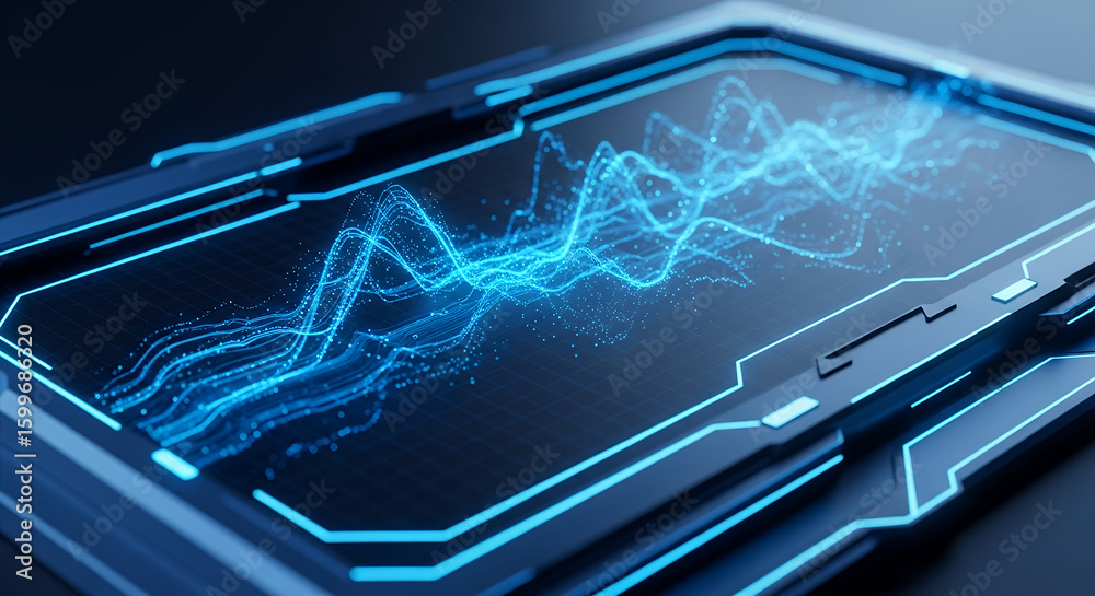 Naklejka premium Abstract futuristic display with glowing blue waveforms and particles on a dark background, suggesting technology or energy.