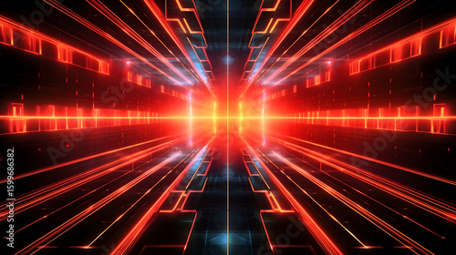 Futuristic red tunnel abstract background with bright light in the center