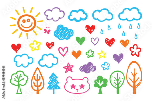 Hand-Drawn Collection: Vibrant doodles burst with cheerful and creative energy, featuring whimsical suns, fluffy clouds, heart symbols, and lush trees in a playful illustration.