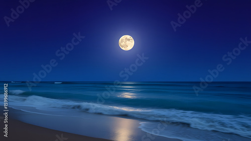 A brilliant full moon shines over the tranquil ocean, its light creating a magical reflection on the calm sea waves at night.