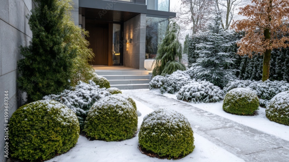 Naklejka premium Snow-covered garden entrance with manicured hedges and a modern home during winter