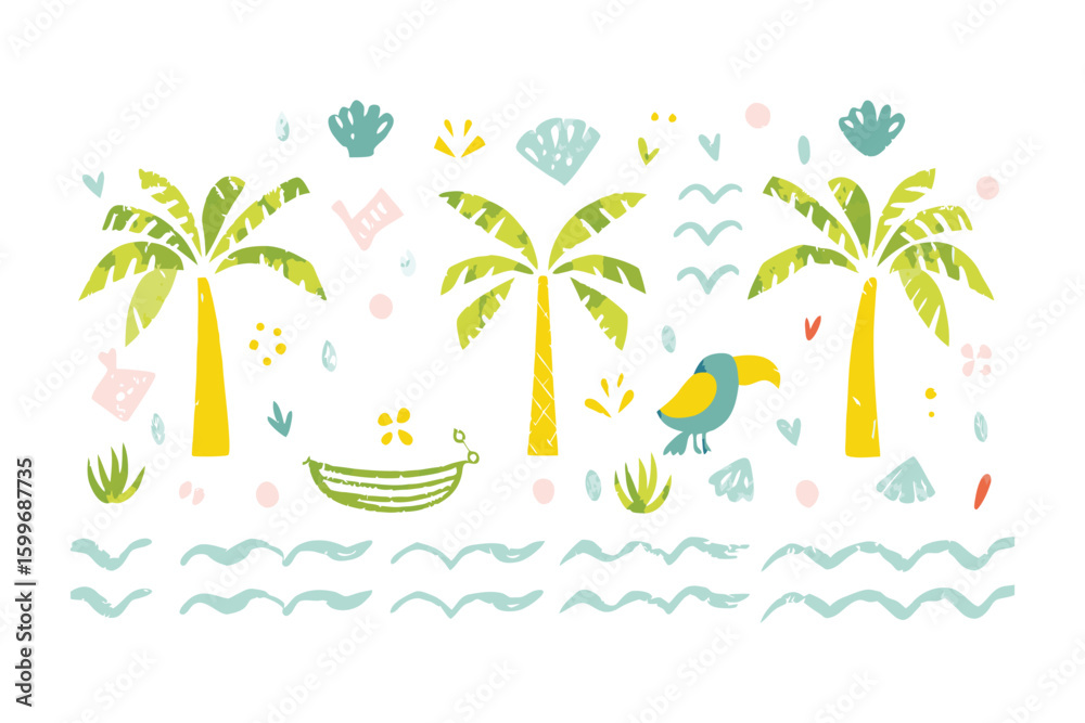 Fototapeta premium Tropical Paradise: An illustrative artwork presents a vivid portrayal of a tropical paradise, with palm trees, exotic birds, serene water, and other island elements.