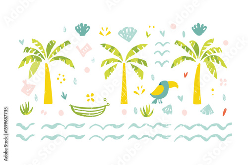 Tropical Paradise: An illustrative artwork presents a vivid portrayal of a tropical paradise, with palm trees, exotic birds, serene water, and other island elements.