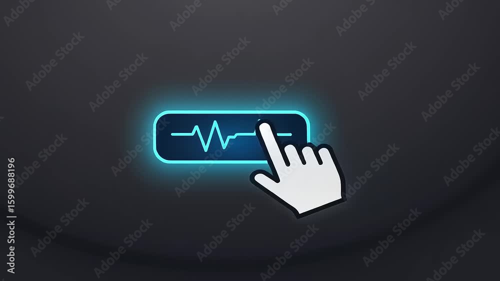 Digital interface showing a hand icon interacting with a heartbeat graphic on a dark background