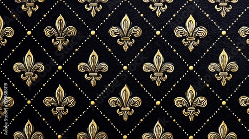 Elegant black and gold pattern featuring fleur-de-lis design with intricate detailing and rich textures