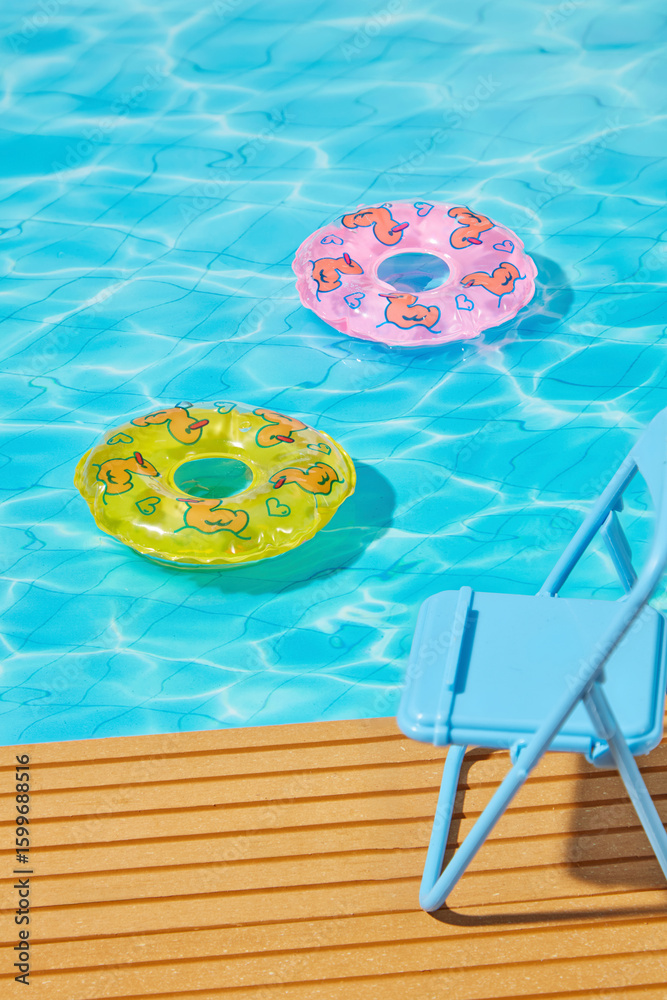 Obraz premium Summer pool with colorful inflatable rings and lounge chair on wooden deck, featuring vibrant blue water for tropical holiday and product design backdrops.
