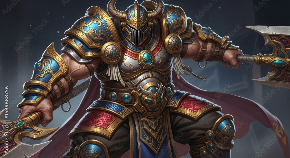 Fototapeta premium The Mighty Warrior in Ornate Golden Armor Wielding a Massive Axe Prepared for Epic Battle