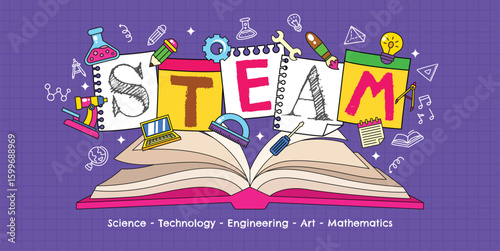 Hand drawn STEAM education logo with icon elements vector illustration