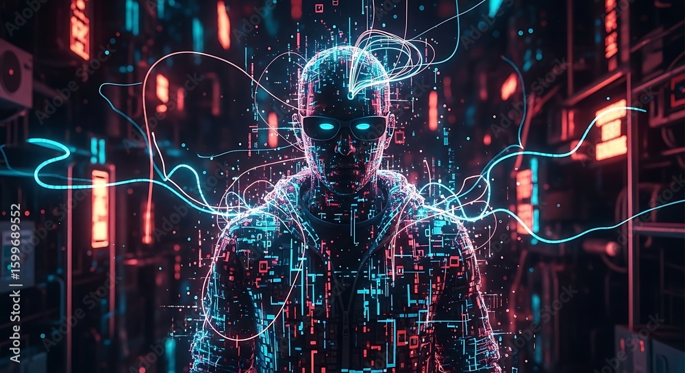 Fototapeta premium Immersive Futuristic Cyberpunk Digital Avatar Manifesting With Glowing Neon Circuits And Data Streams