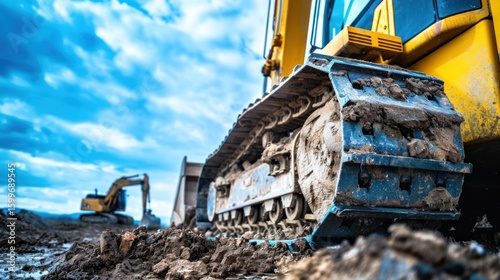 Close-up of heavy construction equipment under blue sky stock photo --ar 16:9 --raw --v 6 Job ID: 803570e2-955f-42f0-b68b-1963b0e84ce7