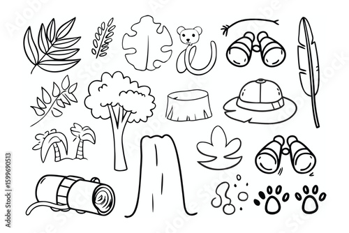 Jungle Exploration Elements: A whimsical collection of hand-drawn elements perfect for illustrating adventurous journeys, featuring leaves, binoculars, a pith helmet, and animal paw prints.