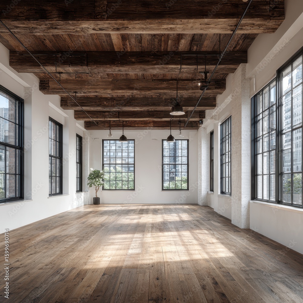 Obraz premium Spacious, light-filled loft with exposed beams