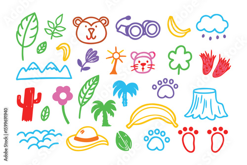 Hand-Drawn Jungle Adventure: Vibrant illustrations of jungle-themed elements, inviting viewers on an exploratory adventure, perfect for children.