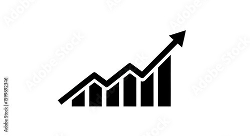 Black and white upward trending bar graph chart icon showing business growth, financial success, and positive progress; simple vector illustration