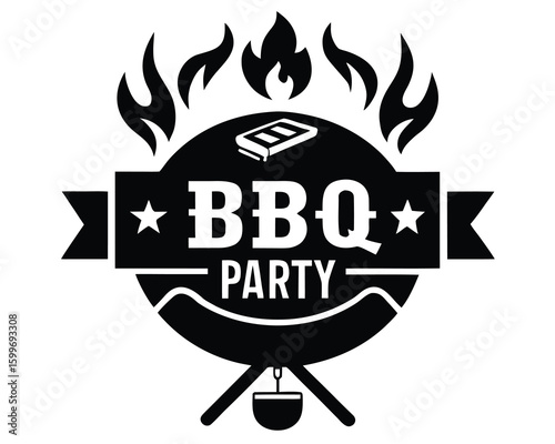 Silhouette BBQ party showing fire above the grill, isolated on white