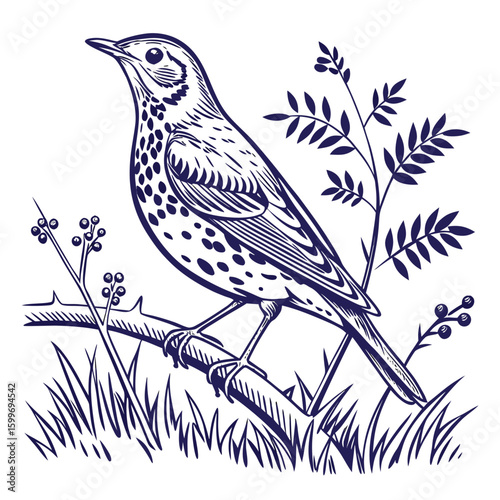 Song Thrush Line Art Ink Sketch Navy Blue Bird Vector 1