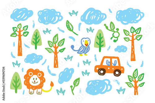 Childlike Whimsy: A vibrant illustration showcasing a collection of playful drawings, each element contributing to a scene of delightful imagination. The style embodies childhood innocence.