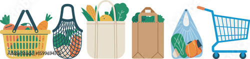 Grocery purchase set. shopping basket and trolley, paper package with products. foods and drinks, vegetables and fruits. illustration
