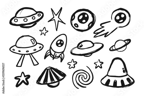 Interstellar Doodle: Whimsical illustrated space-themed doodles on a transparent backdrop, featuring stars, planets, rockets, and other celestial bodies.