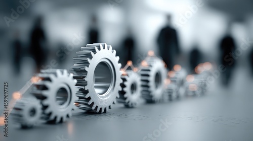 Business automation concept with digital gears, workflow visualization, and manager optimizing processes to enhance efficiency, output, and corporate agility.
