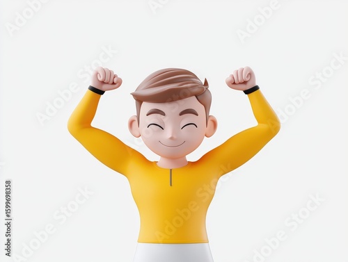 3d stretching sportswear cartoon concept. Cheerful character celebrating success with raised arms.