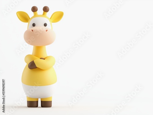 3d stretching sportswear cartoon concept. Cartoon giraffe character with a playful expression and yellow design.