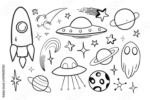Space Doodle: A whimsical illustration of space elements in doodle style including spaceship, planet, stars, comet, and UFO. Capturing imagination and wonder.