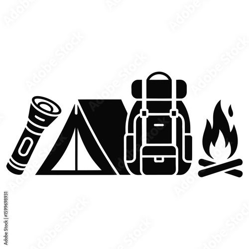 Black silhouette icons of camping gear tent backpack flashlight and campfire vector