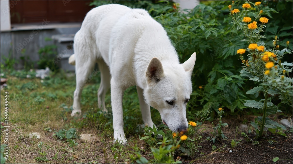 Obraz premium White dog sniffing flowers in a garden.